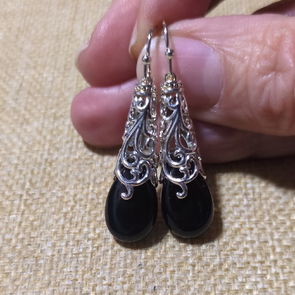 Black And Silvertoned Ball Drop Dangle Fashion Earrings